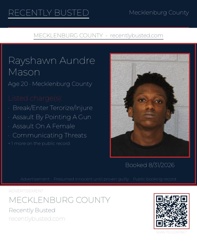RAYSHAWN AUNDRE MASON — arrest record card, Mecklenburg County, North Carolina