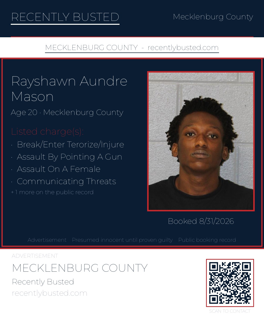 RAYSHAWN AUNDRE MASON — arrest record card, Mecklenburg County, North Carolina