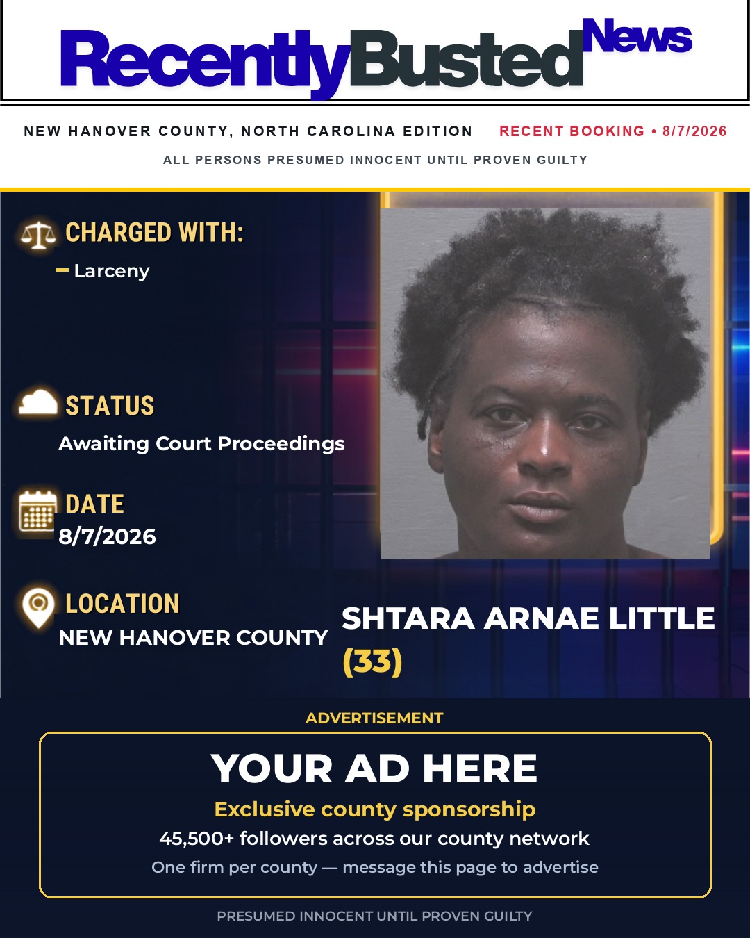 SHTARA ARNAE LITTLE — arrest record card, New Hanover County