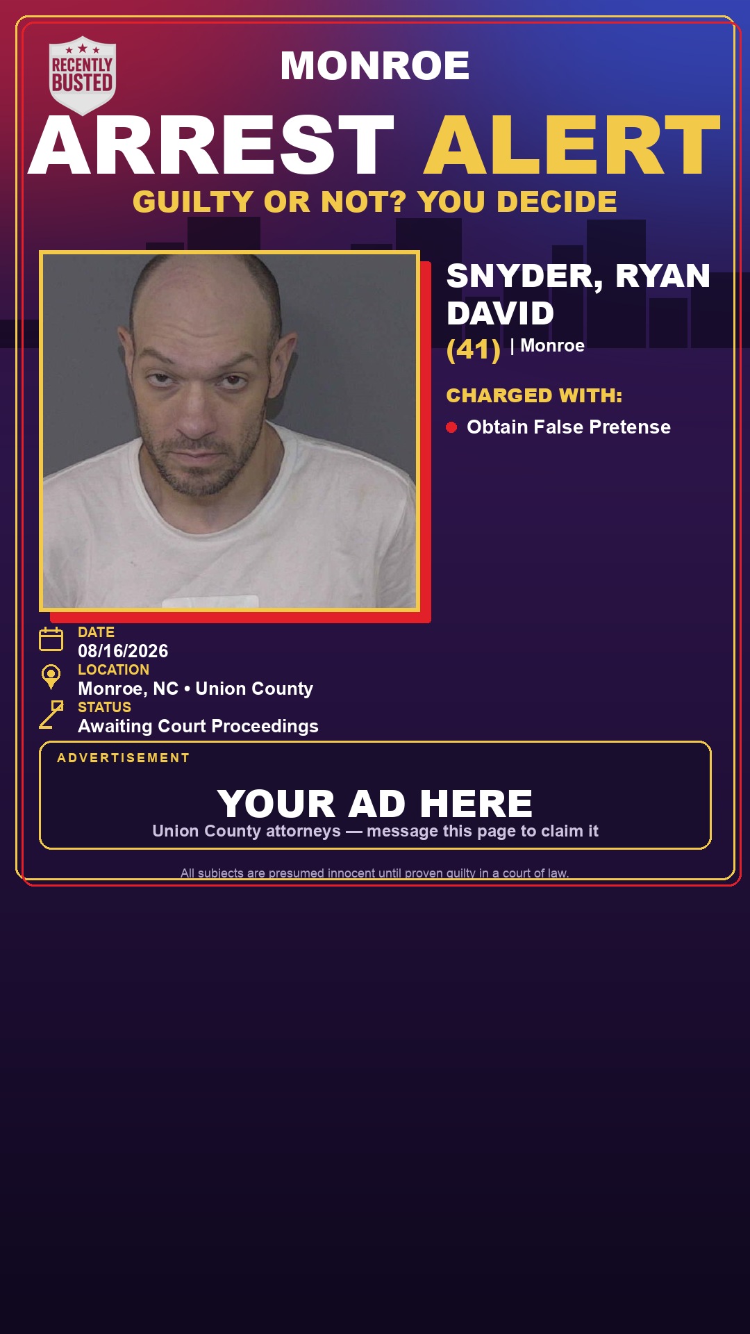 Arrest report - SNYDER, RYAN DAVID