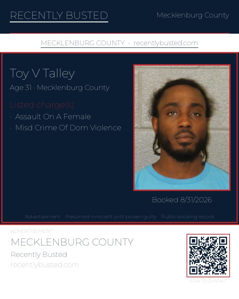 TOY V TALLEY — arrest record card, Mecklenburg County, North Carolina