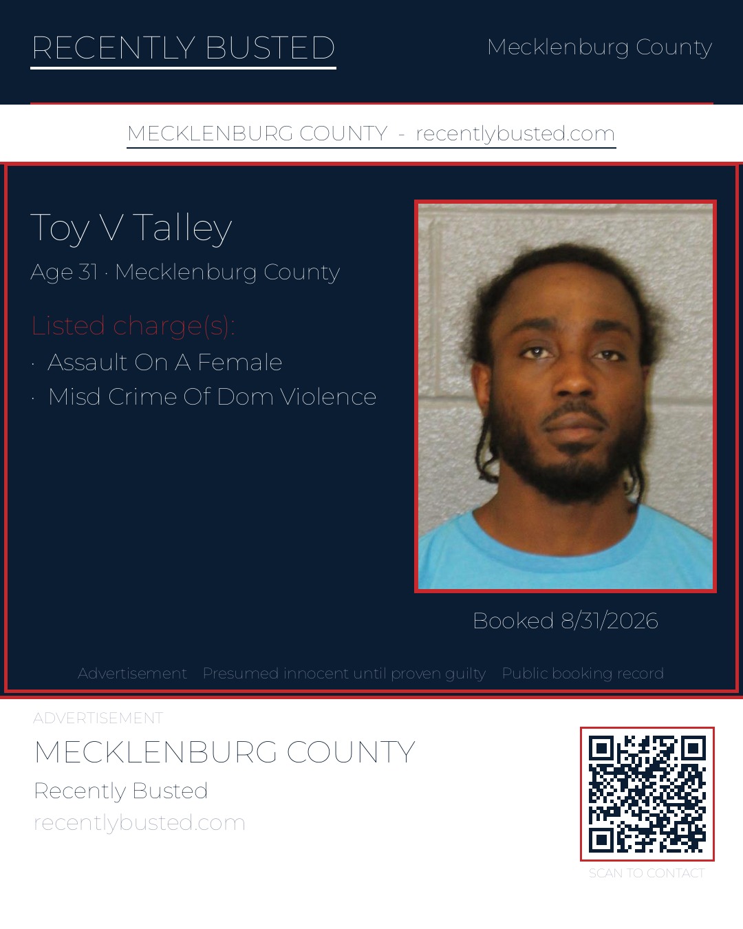 TOY V TALLEY — arrest record card, Mecklenburg County, North Carolina