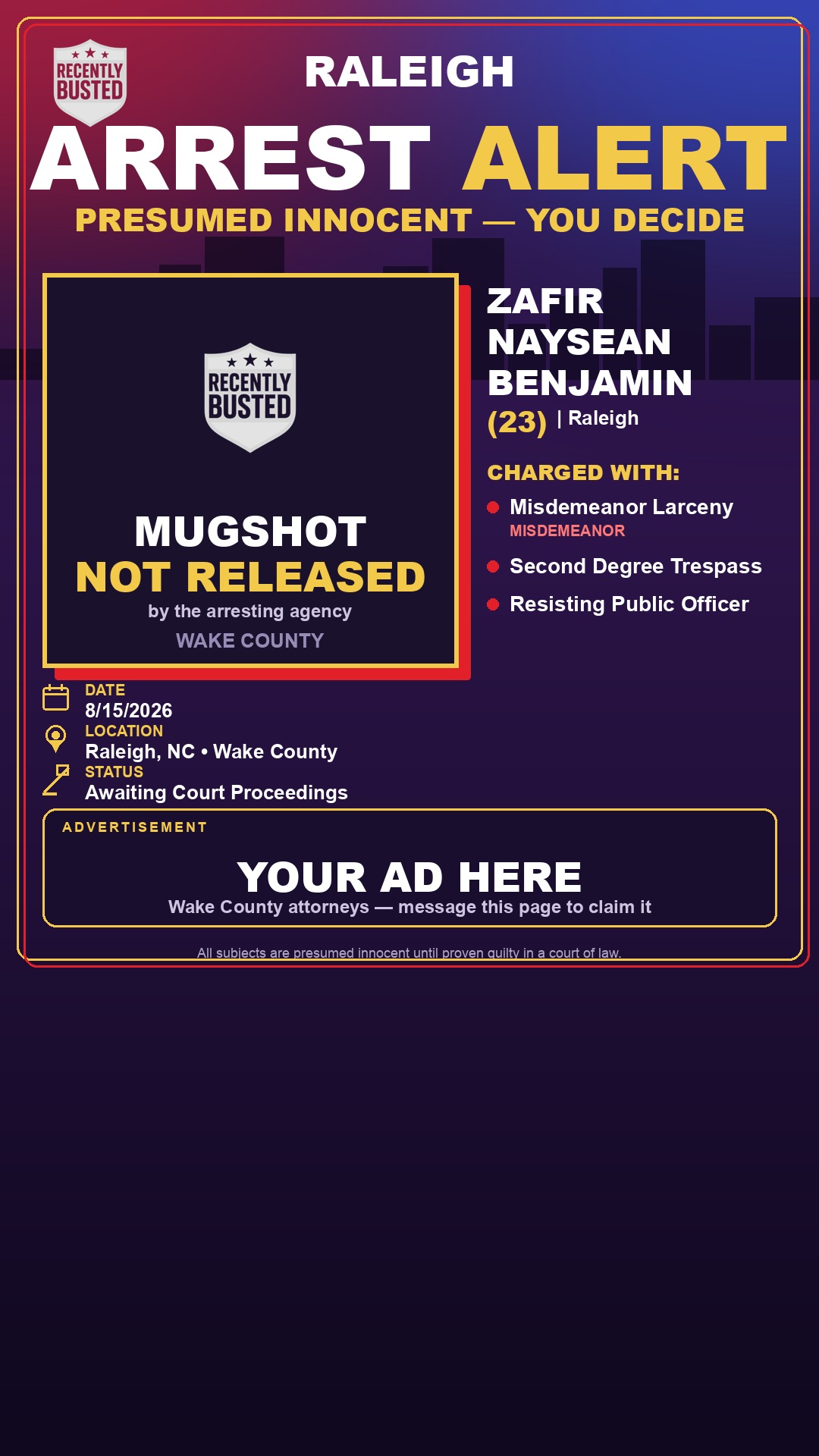 Arrest report - ZAFIR NAYSEAN BENJAMIN
