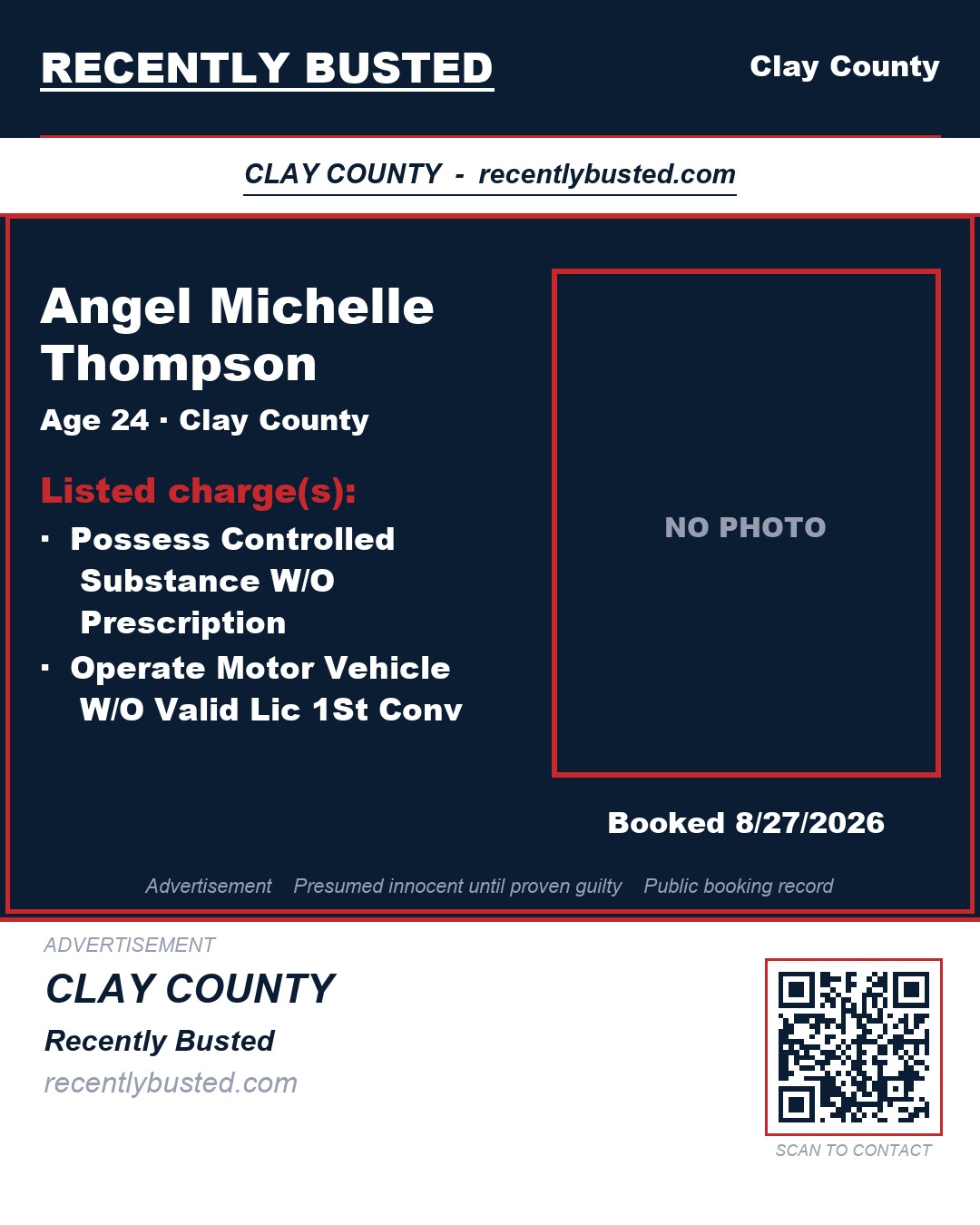 ANGEL MICHELLE THOMPSON — arrest record card, Clay County, Florida