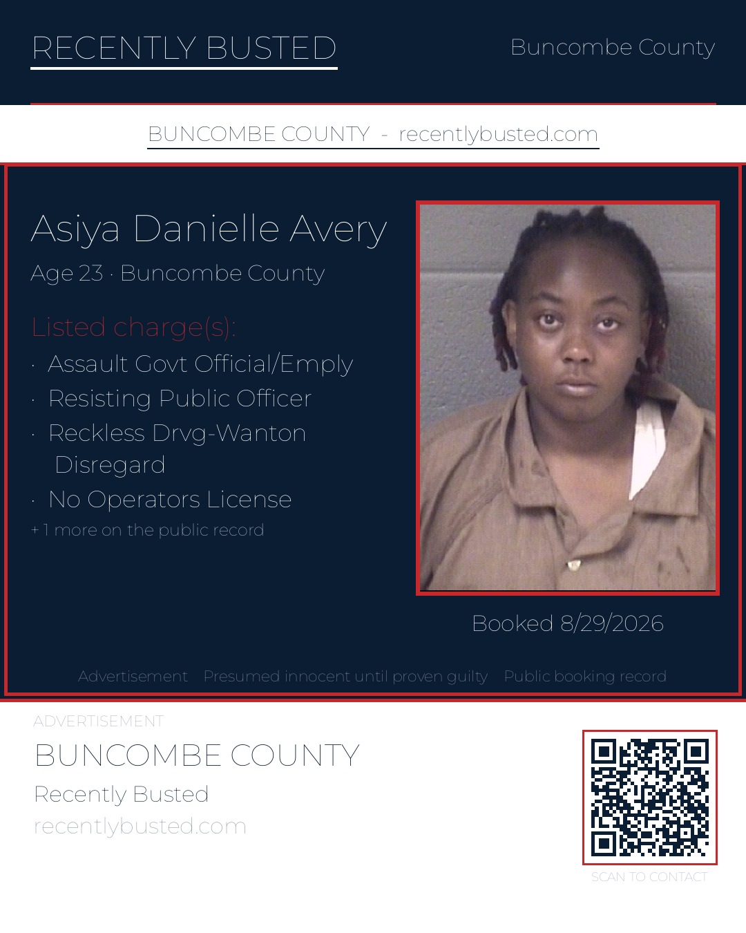 ASIYA DANIELLE AVERY — arrest record card, Buncombe County, North Carolina