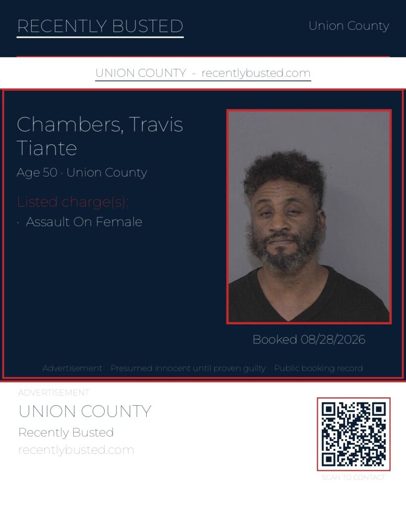 CHAMBERS, TRAVIS TIANTE — arrest record card, Union County, North Carolina