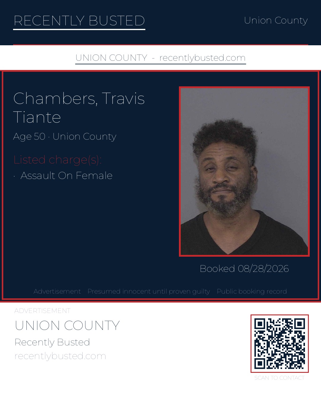 CHAMBERS, TRAVIS TIANTE — arrest record card, Union County, North Carolina