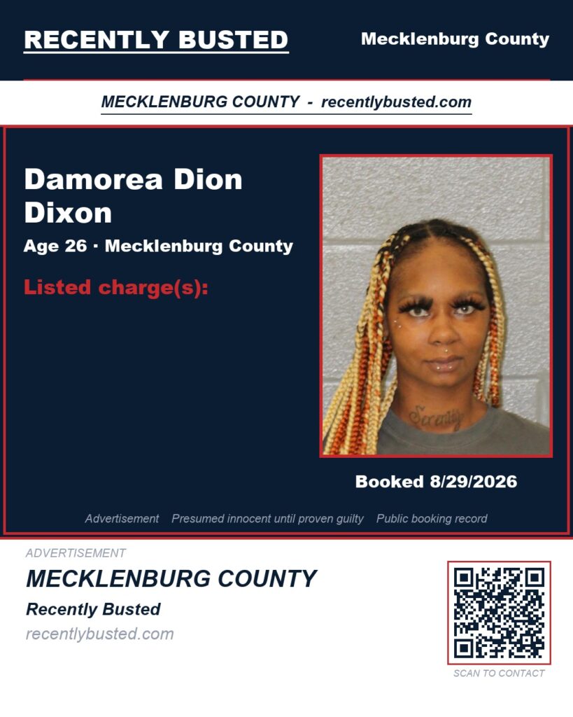 DAMOREA DION DIXON — arrest record card, Mecklenburg County, North Carolina