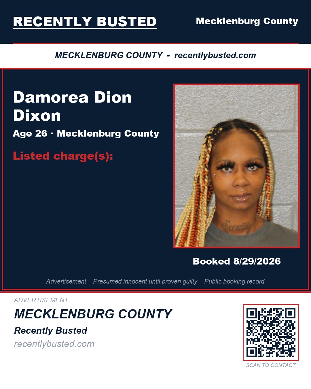 DAMOREA DION DIXON — arrest record card, Mecklenburg County, North Carolina