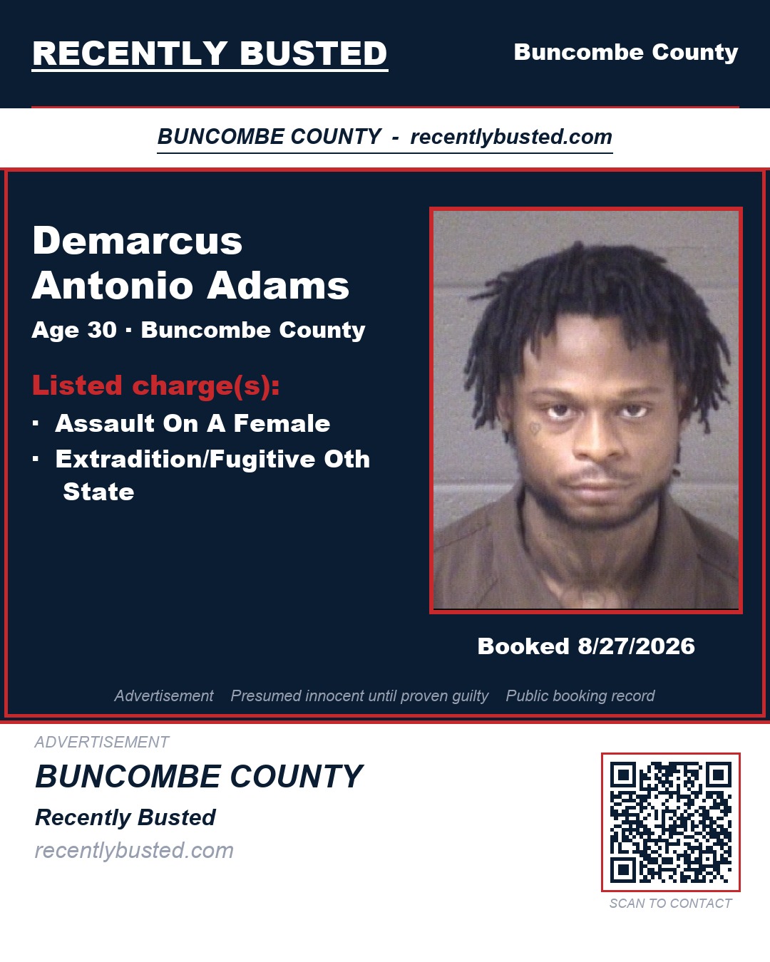 DEMARCUS ANTONIO ADAMS — arrest record card, Buncombe County, North Carolina