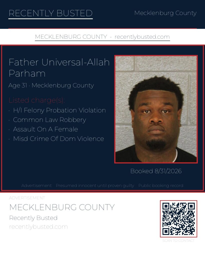 FATHER UNIVERSAL-ALLAH PARHAM — arrest record card, Mecklenburg County, North Carolina