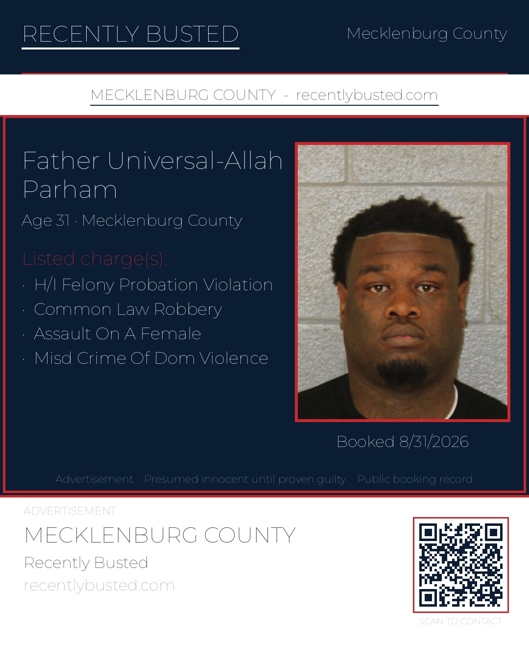 FATHER UNIVERSAL-ALLAH PARHAM — arrest record card, Mecklenburg County, North Carolina