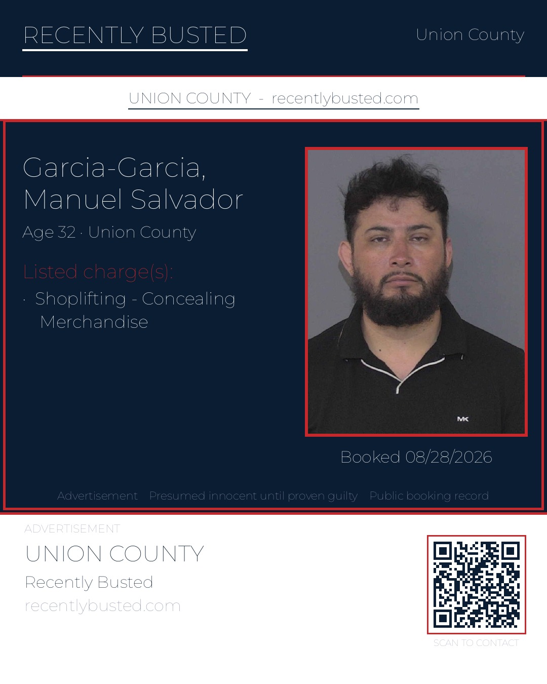 GARCIA-GARCIA, MANUEL SALVADOR — arrest record card, Union County, North Carolina