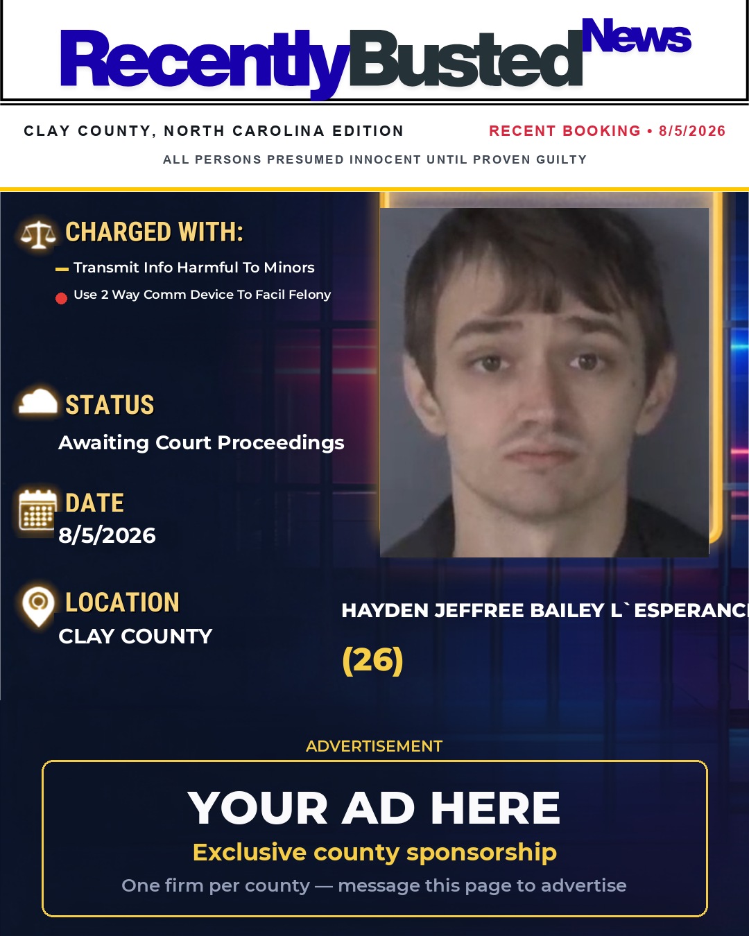 Arrest report - HAYDEN JEFFREE BAILEY L`ESPERANCE