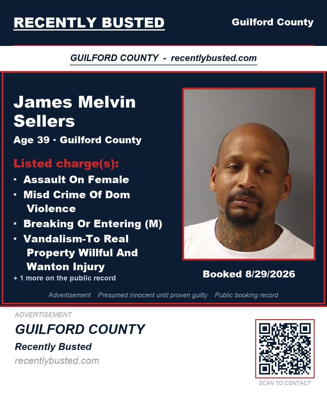 JAMES MELVIN SELLERS — arrest record card, Guilford County, North Carolina
