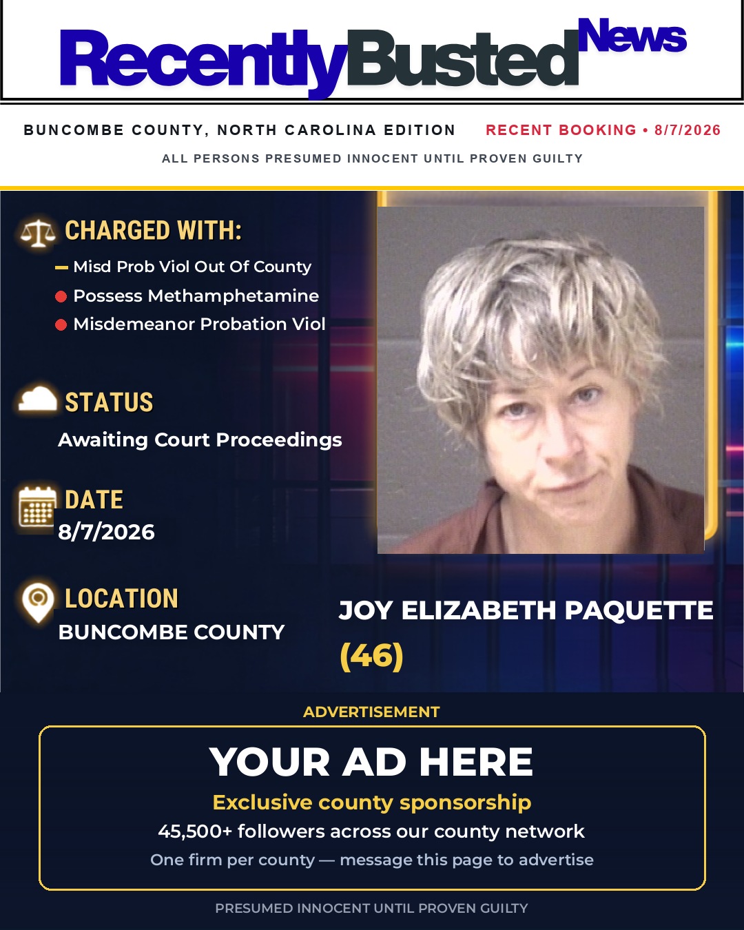 Arrest report - JOY ELIZABETH PAQUETTE