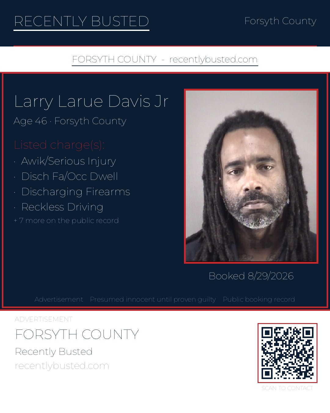 LARRY LARUE DAVIS JR — arrest record card, Forsyth County, North Carolina
