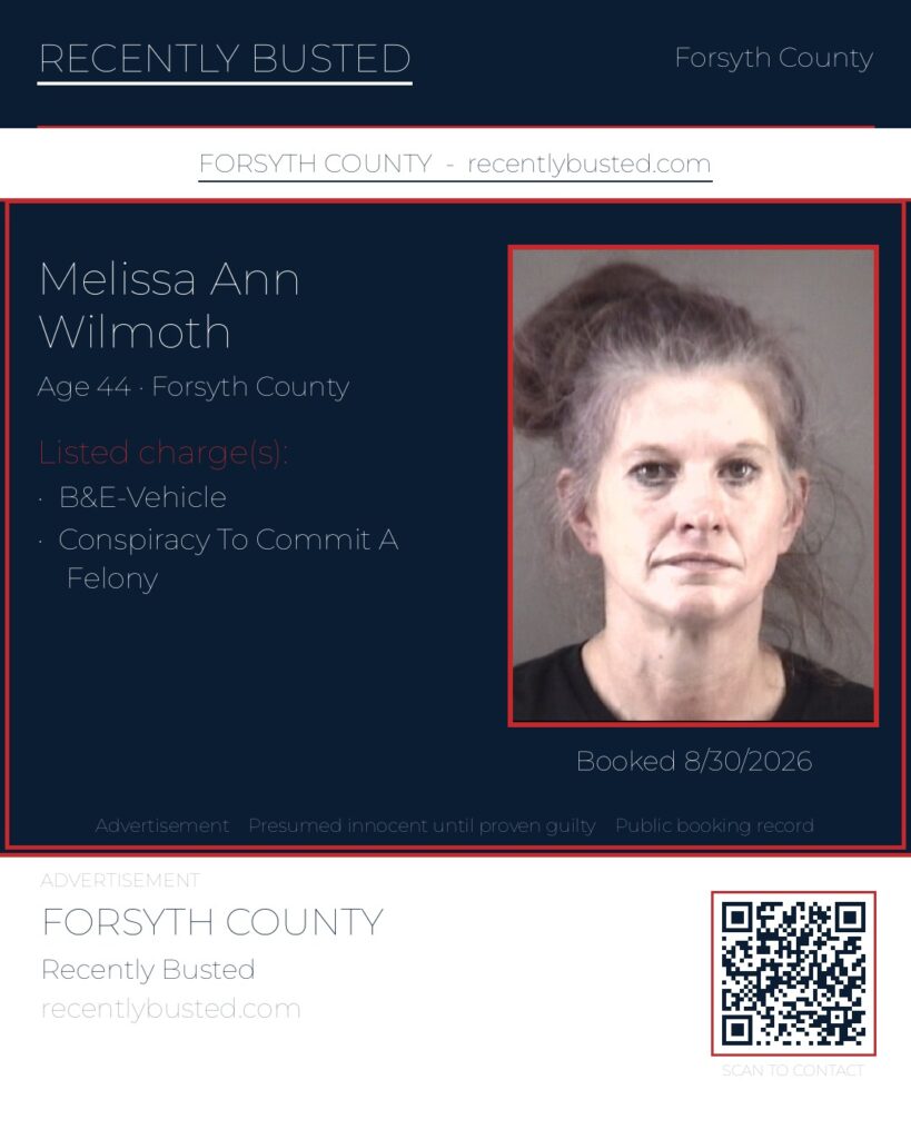 MELISSA ANN WILMOTH — arrest record card, Forsyth County, North Carolina