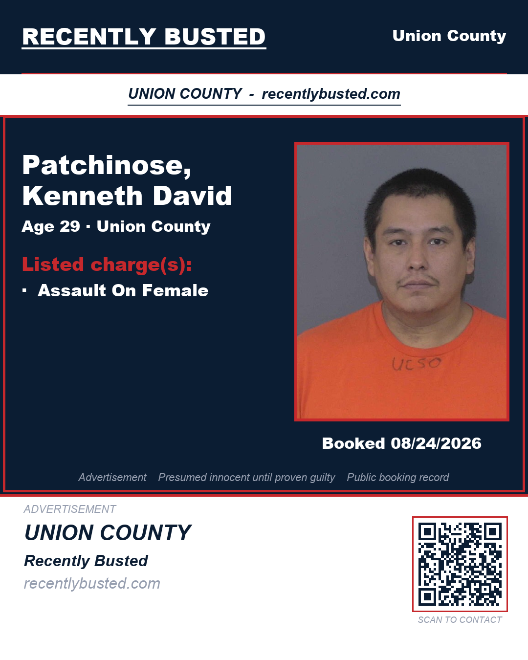 PATCHINOSE, KENNETH DAVID — arrest record card, Union County, North Carolina