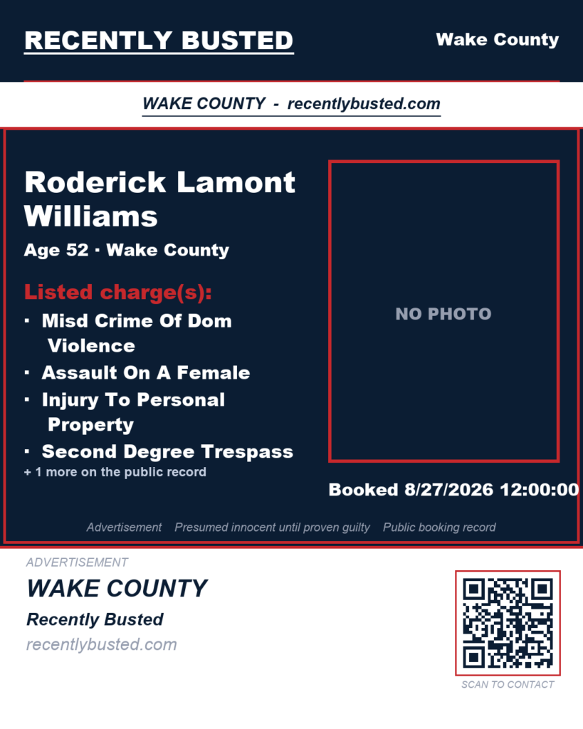 RODERICK LAMONT WILLIAMS — arrest record card, Wake County, North Carolina