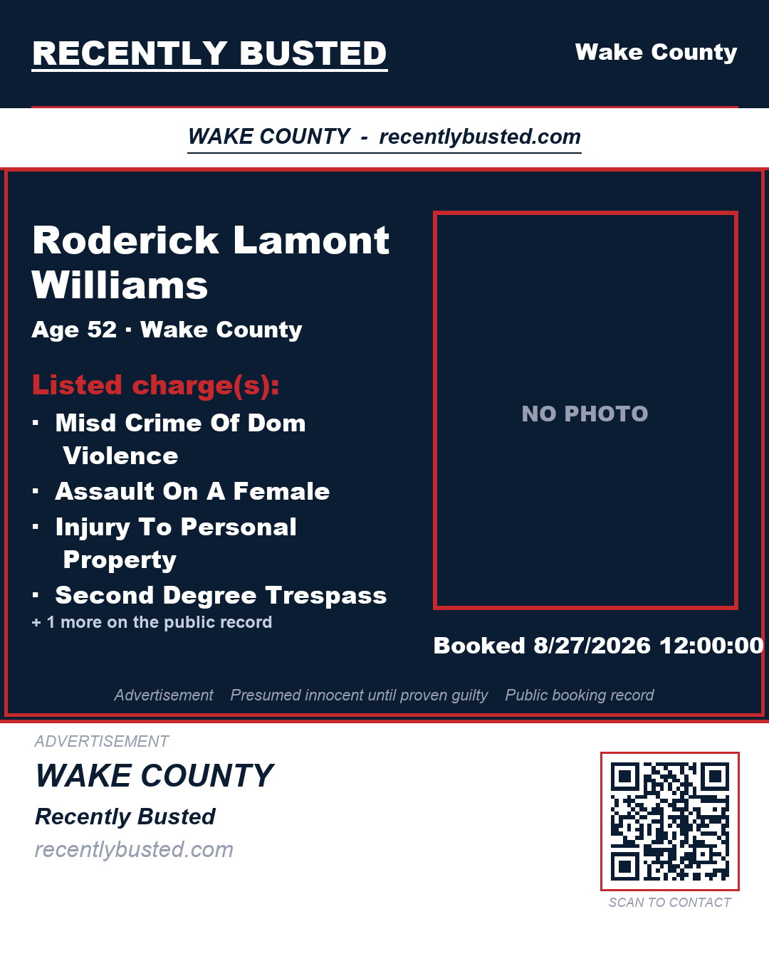 RODERICK LAMONT WILLIAMS — arrest record card, Wake County, North Carolina