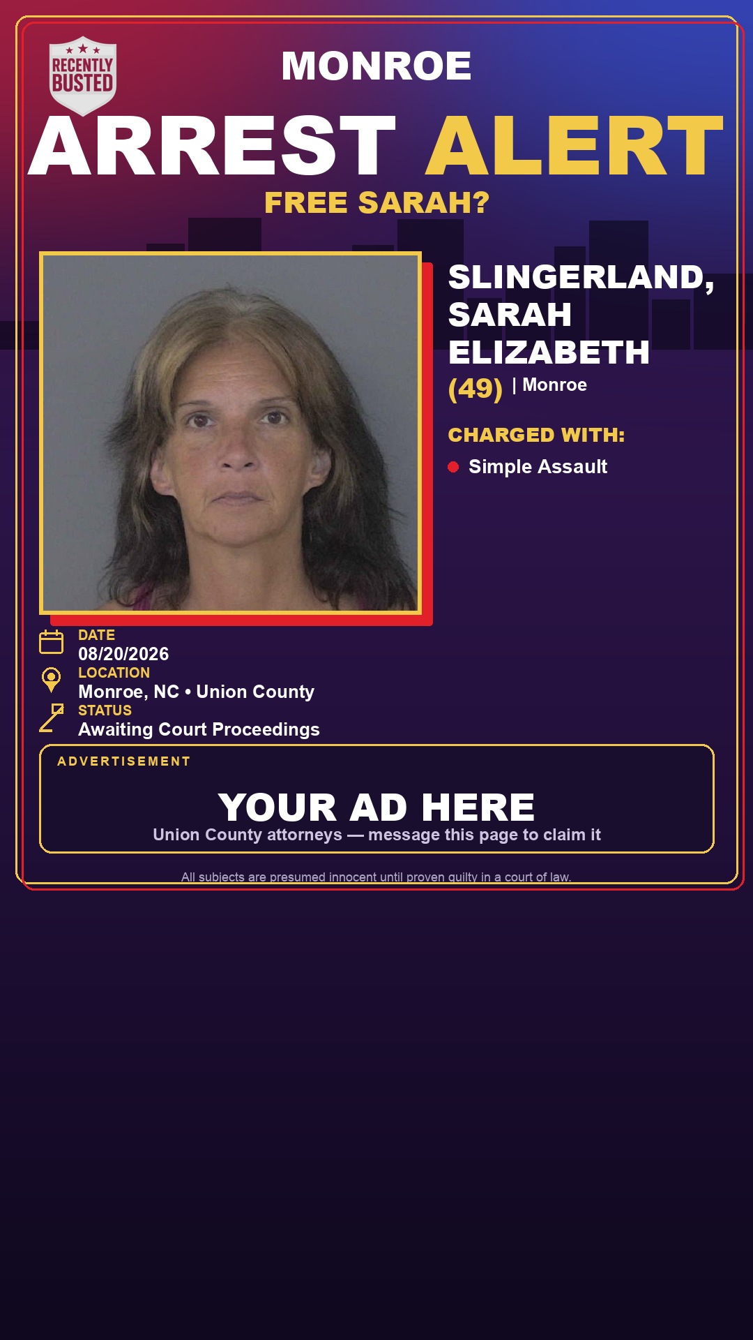 Arrest report - SLINGERLAND, SARAH ELIZABETH