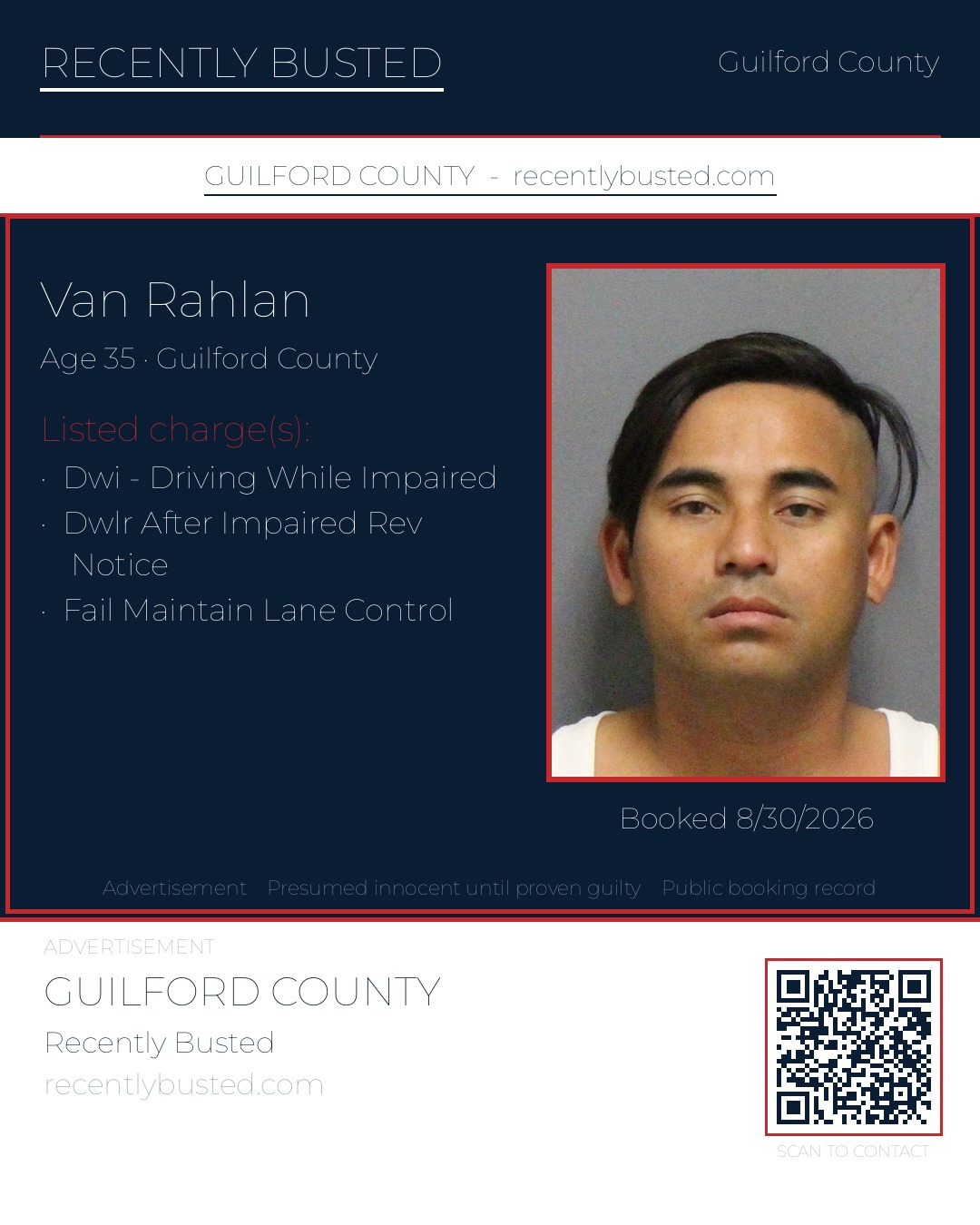 VAN RAHLAN — arrest record card, Guilford County, North Carolina