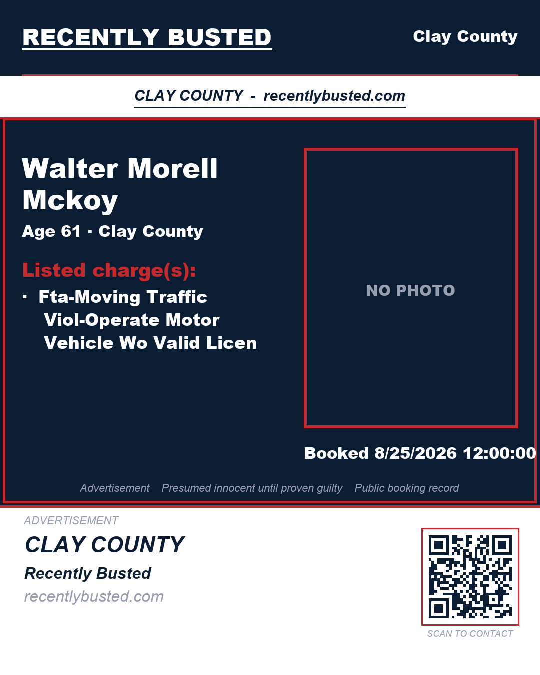 WALTER MORELL MCKOY — arrest record card, Clay County, Florida