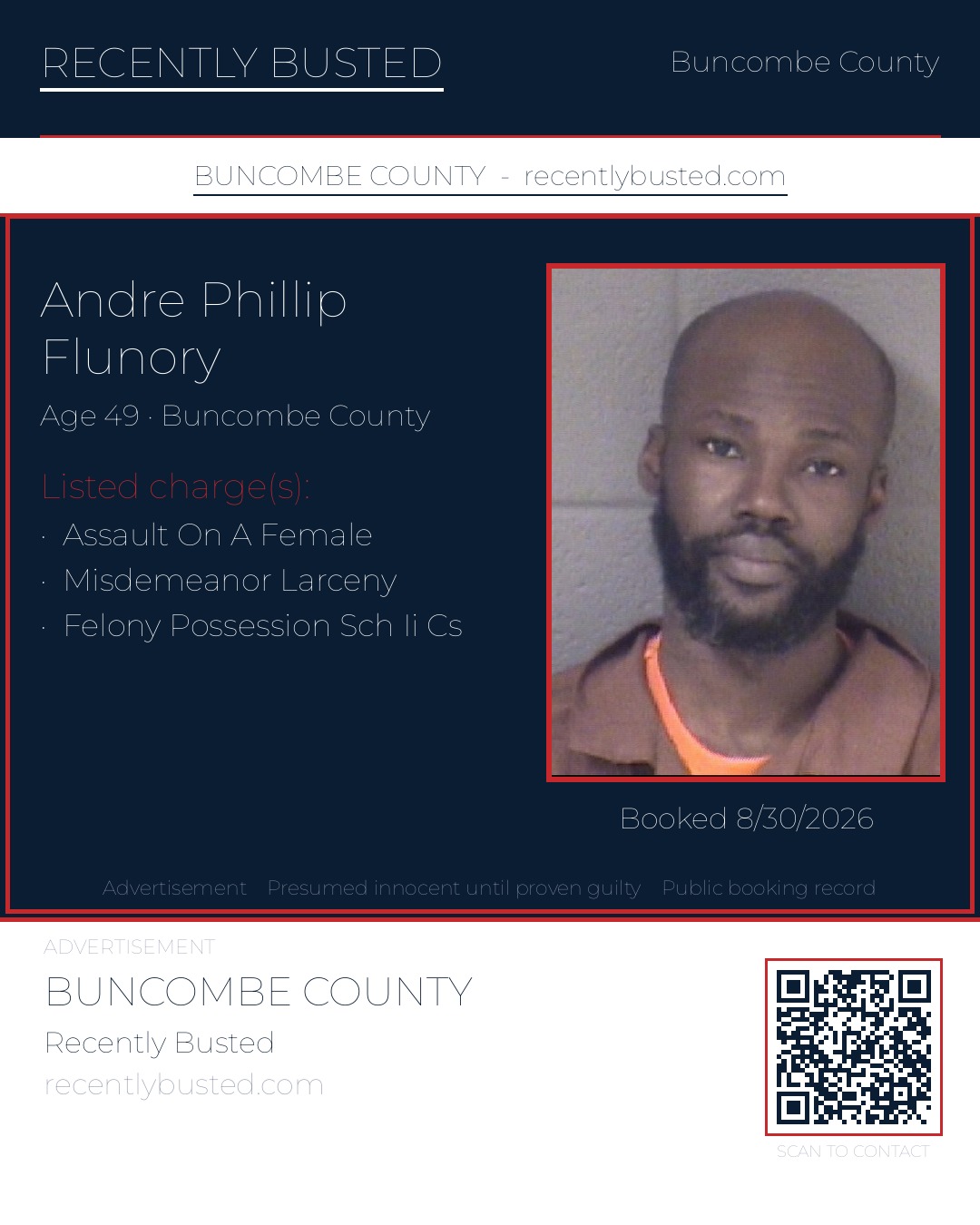 ANDRE PHILLIP FLUNORY — arrest record card, Buncombe County, North Carolina