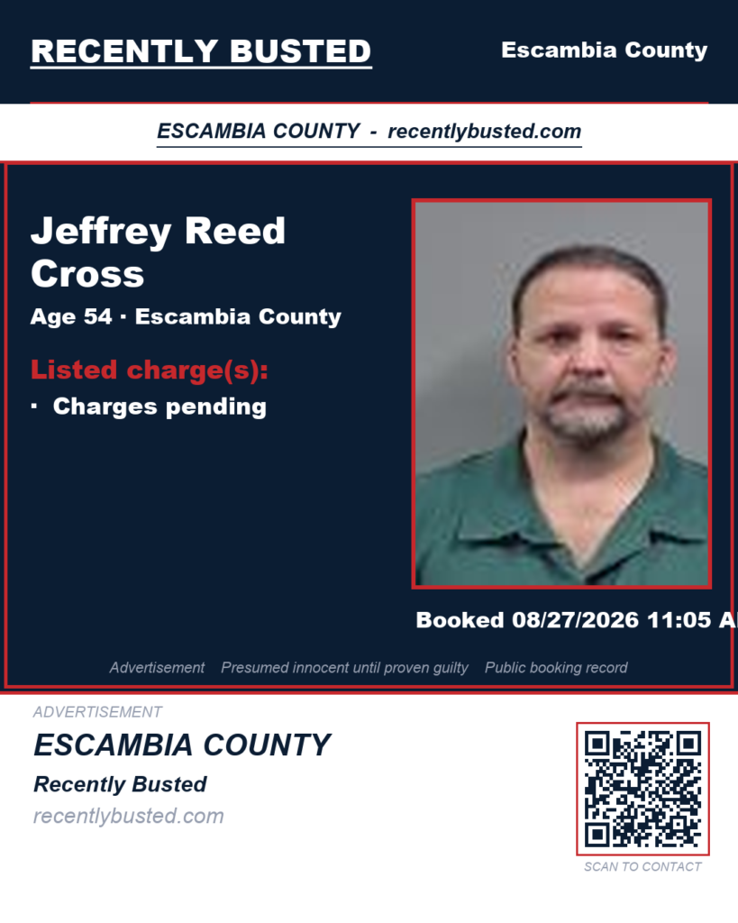 Jeffrey Reed Cross — arrest record card, Escambia County, Florida