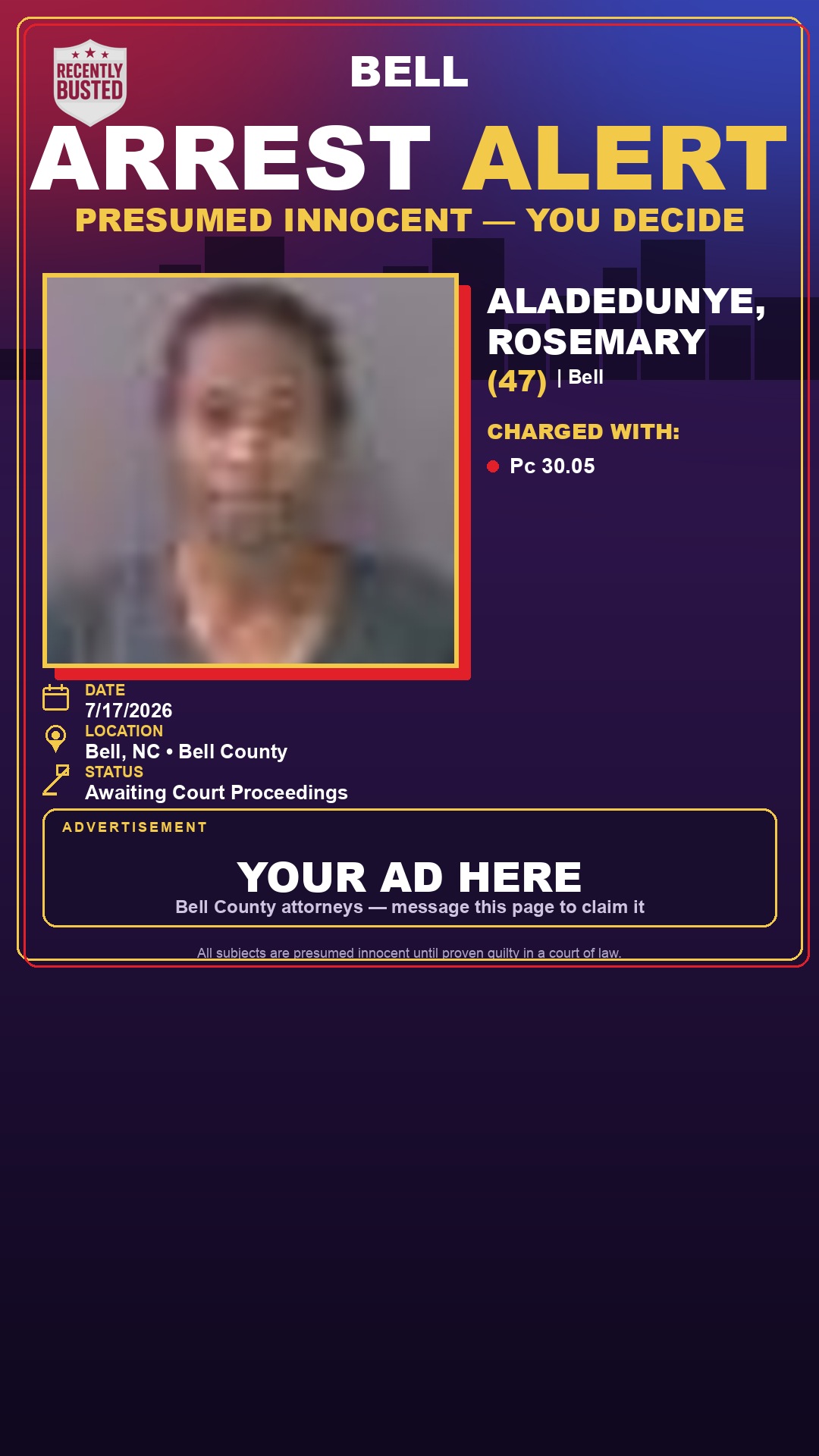 Arrest report - ALADEDUNYE, ROSEMARY