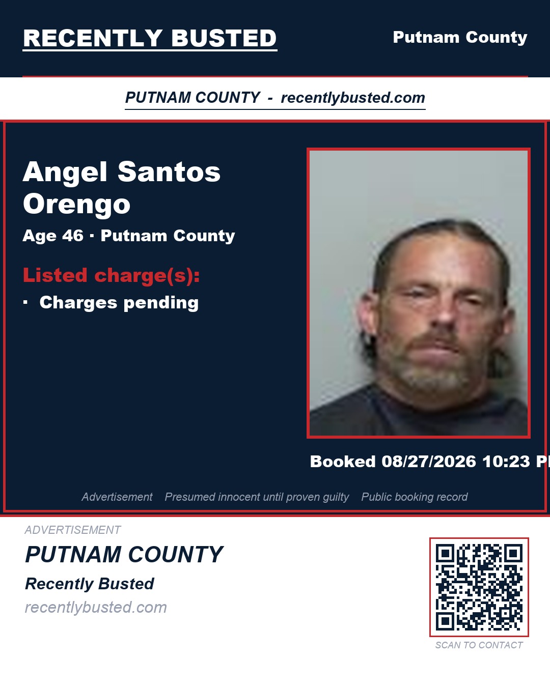 Angel Santos Orengo — arrest record card, Putnam County, Florida