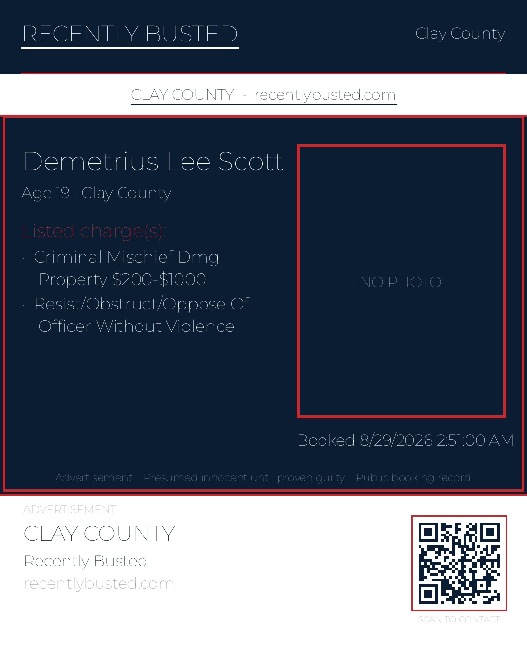 DEMETRIUS LEE SCOTT — arrest record card, Clay County, Florida