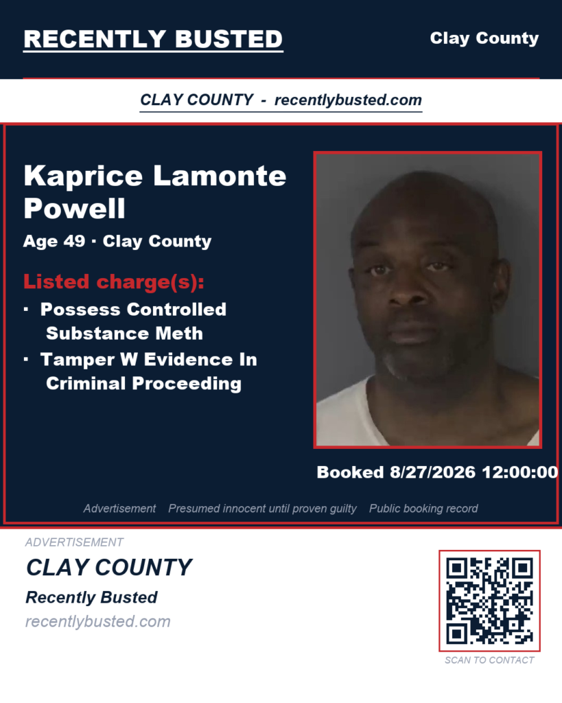 KAPRICE LAMONTE POWELL — arrest record card, Clay County, Florida