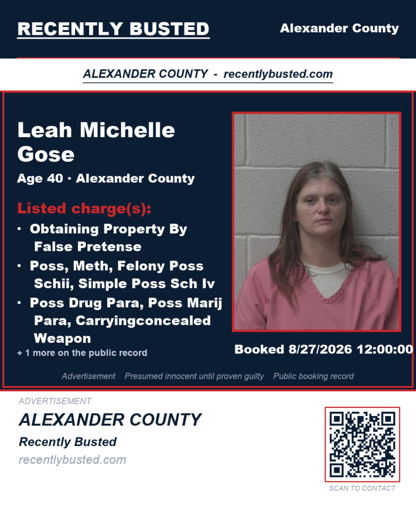 LEAH MICHELLE GOSE — arrest record card, Recently Busted