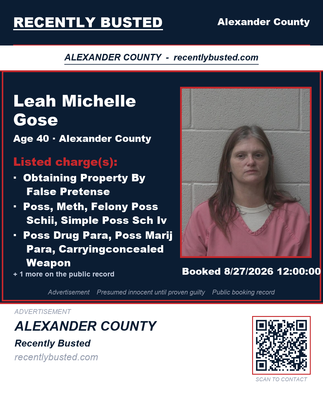 LEAH MICHELLE GOSE — arrest record card, Alexander County, North Carolina