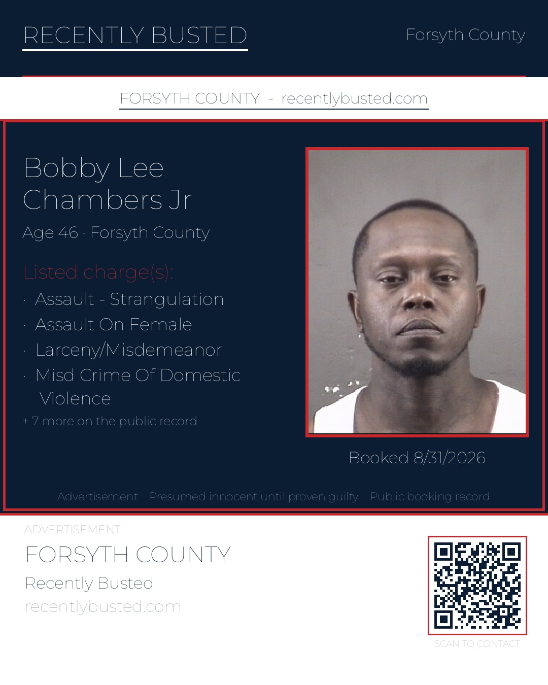 BOBBY LEE CHAMBERS JR — arrest record card, Forsyth County, North Carolina