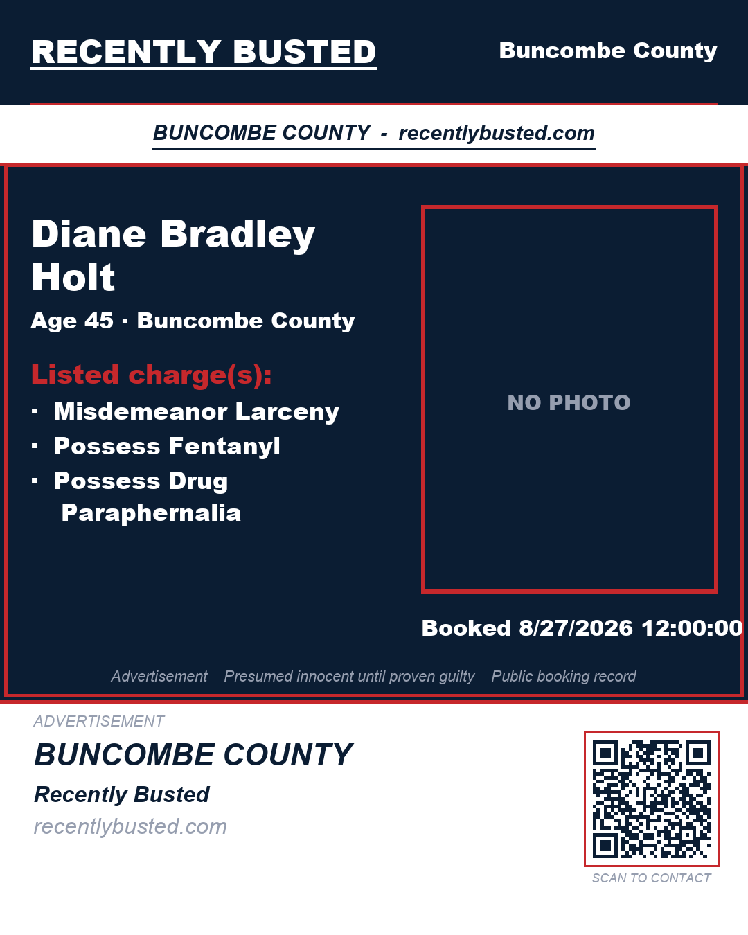 DIANE BRADLEY HOLT — arrest record card, Buncombe County, North Carolina