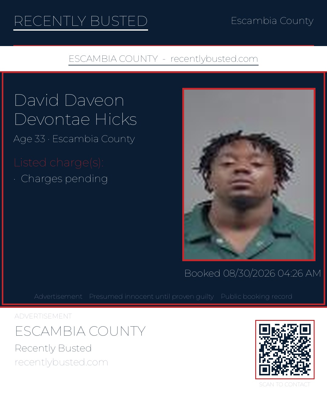 David Daveon Devontae Hicks — arrest record card, Escambia County, Florida