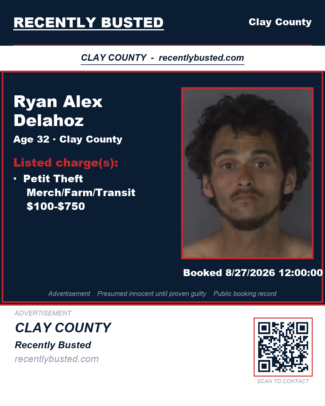 RYAN ALEX DELAHOZ — arrest record card, Clay County, Florida