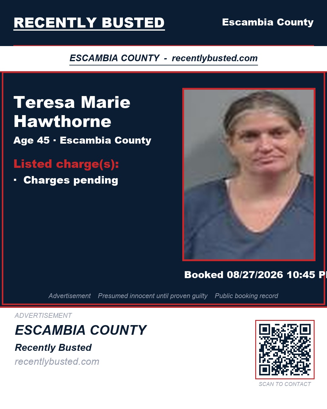 Teresa Marie Hawthorne — arrest record card, Escambia County, Florida