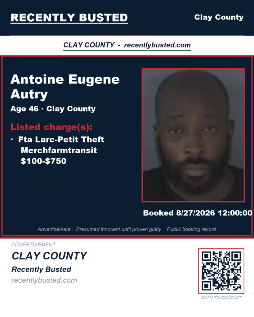 ANTOINE EUGENE AUTRY — arrest record card, Clay County, Florida