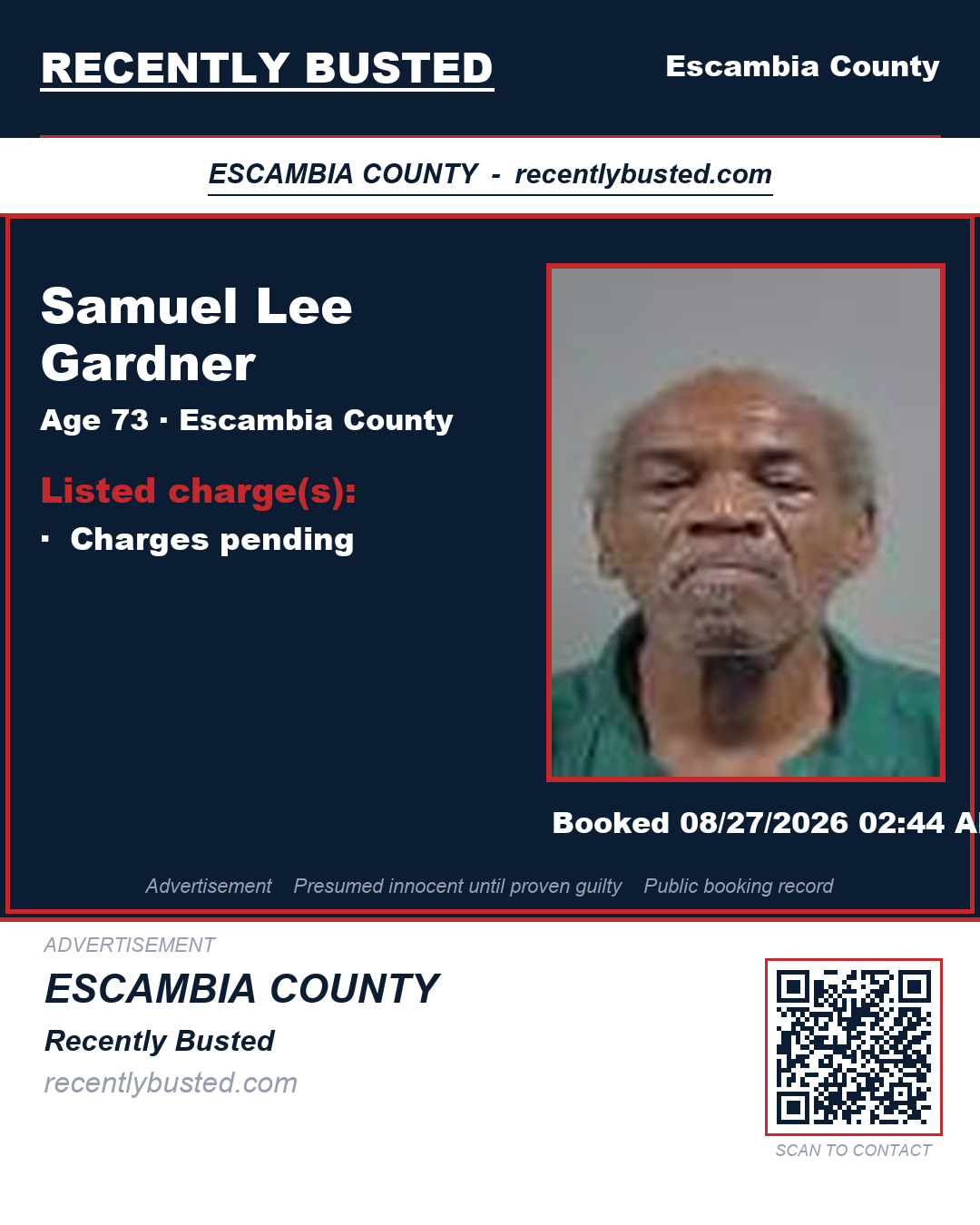 Samuel Lee Gardner — arrest record card, Escambia County, Florida