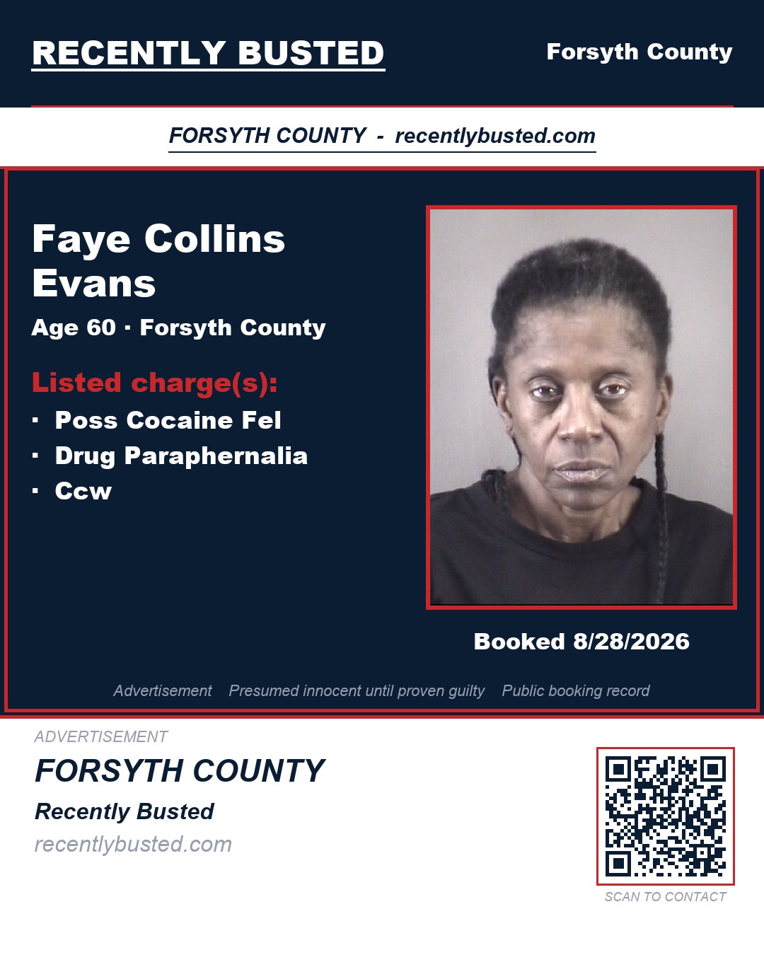 FAYE COLLINS EVANS — arrest record card, Forsyth County, North Carolina