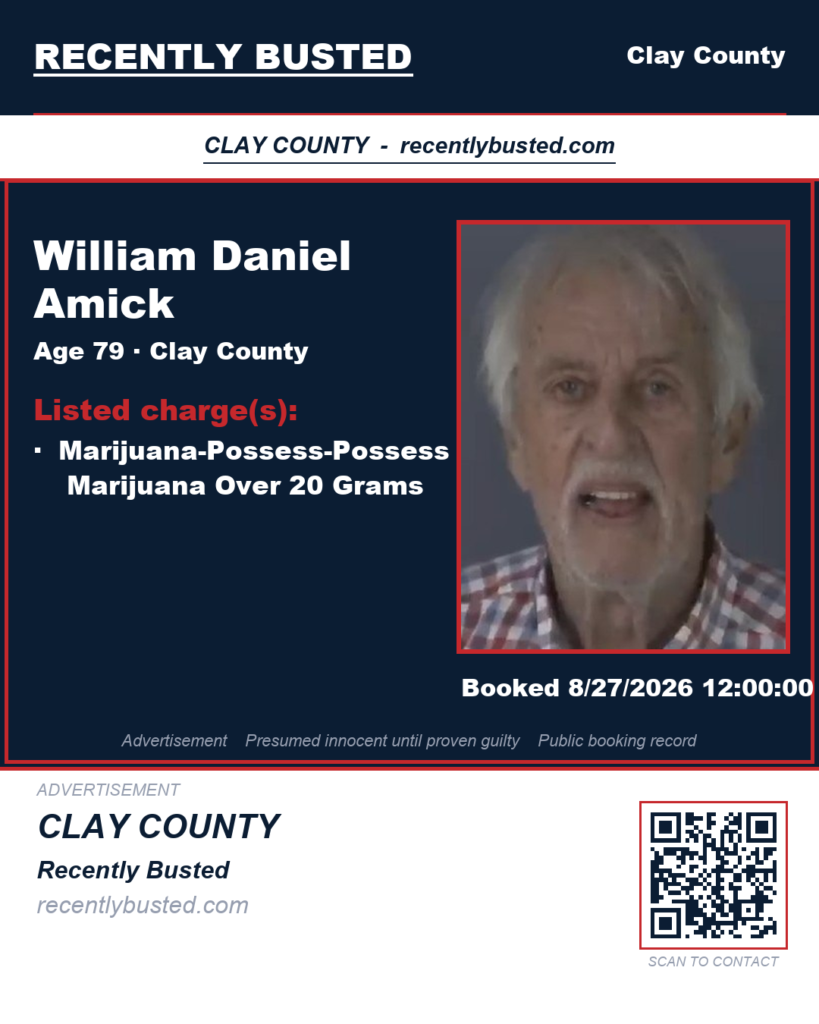 WILLIAM DANIEL AMICK — arrest record card, Clay County, Florida