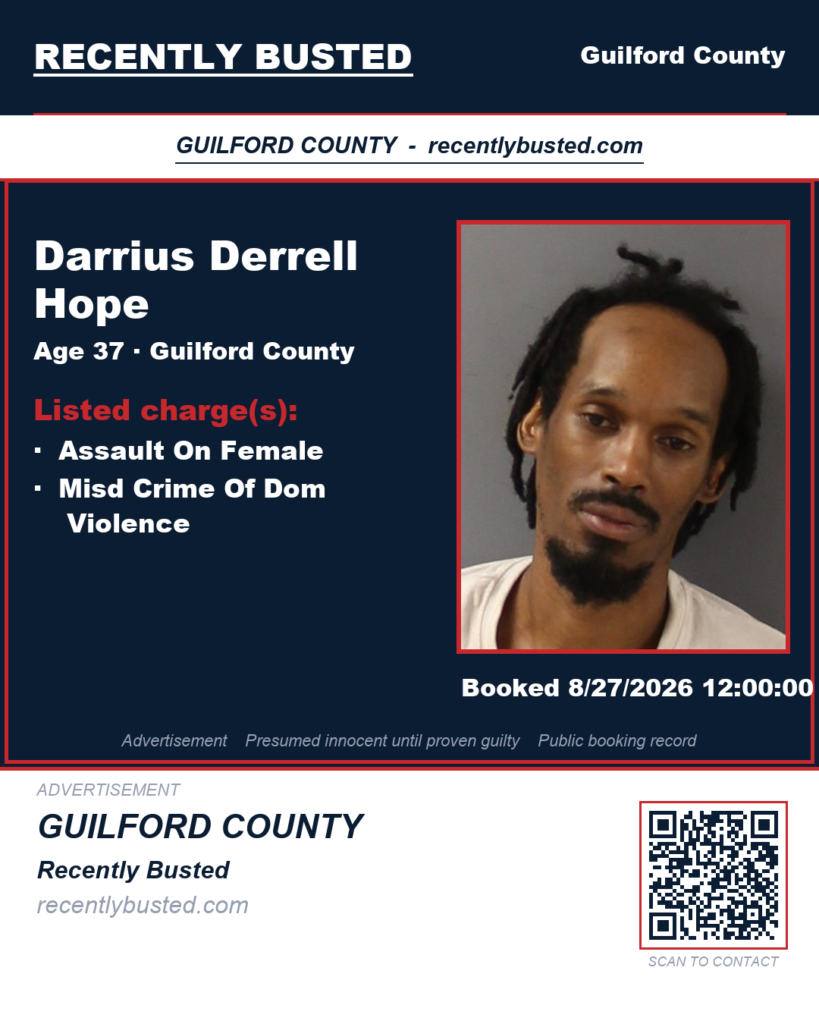 DARRIUS DERRELL HOPE — arrest record card, Recently Busted