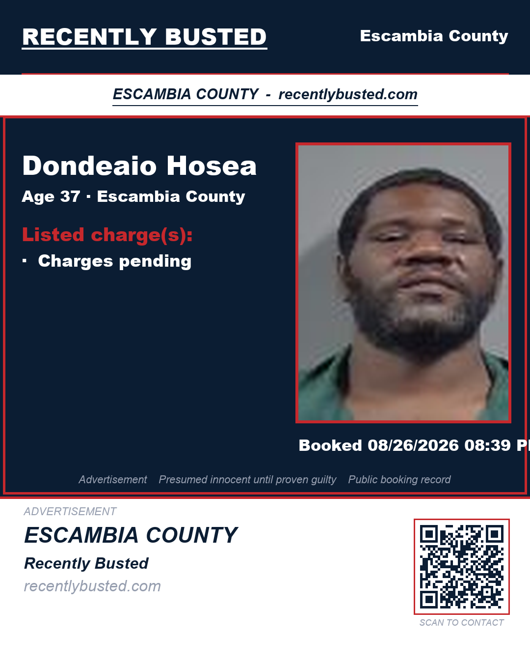 Dondeaio Hosea — arrest record card, Escambia County, Florida