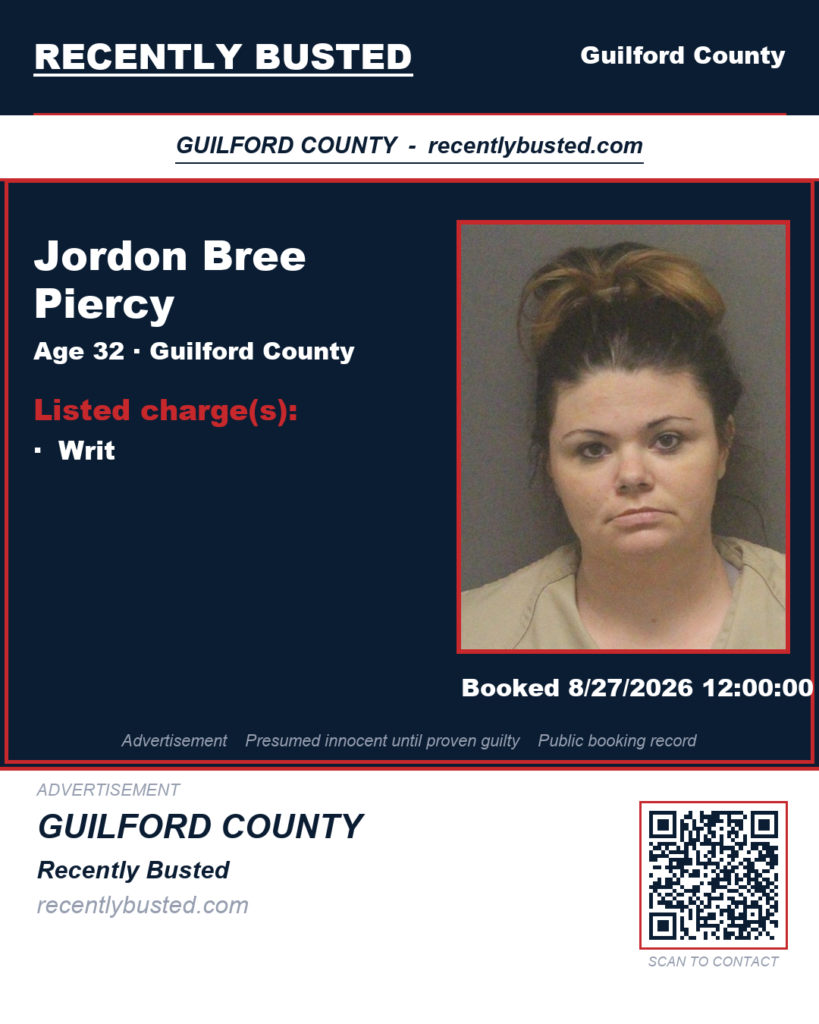 JORDON BREE PIERCY — arrest record card, Guilford County, North Carolina