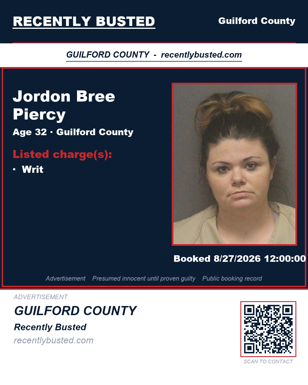 JORDON BREE PIERCY — arrest record card, Guilford County, North Carolina