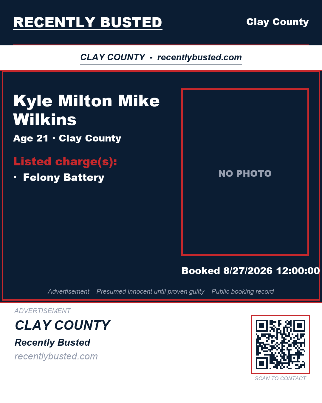 KYLE MILTON MIKE WILKINS — arrest record card, Clay County, Florida